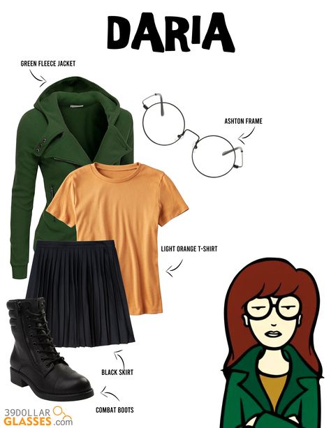 This Costume Idea is inspired by MTVs TV show Daria. This is a very easy costume to make! Daria Costume Halloween, Daria Morgendorffer Costume, Daria Halloween Costume, Daria Inspired Outfits, Costume Ideas Movie Characters, Daria Costume, Daria Cosplay, Classy Costumes, Tv Character Costumes