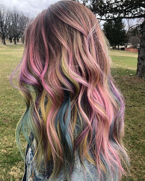 Balayage Hair Vivids, Gender Reveal Hair Color, Vivid Color Balayage, Multi Color Balayage, Rainbow Balayage Hair, Lived In Vivid Hair, Vivid Balayage Hair, Colorful Balayage, Multicolor Highlights