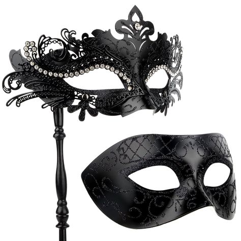 PRICES MAY VARY. Masquerade Mask for Couple, Mardi Gras Deecorations Venetian Masks with Stick for Womens(Black) Masquerade Ball Gloves, His And Hers Masquerade Masks, Black Masquerade Mask Aesthetic, Masquerade Mask Ideas, Black Masquerade Dress, Black Mask Masquerade, Masquerade Mask Aesthetic, Masquerade Ball Outfit, Masquerade Masks For Men