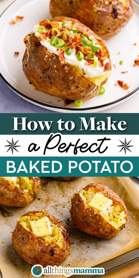 collage image showing loaded baked potato. Large Baked Potatoes In The Oven, How To Make Baked Potatoes, How To Make A Baked Potato, Best Baked Potatoes In The Oven, Crispy Potatoes In Oven, Baked Potatoes In The Oven, Potatoes In The Oven, Baked Potato Toppings, Crispy Baked Potatoes