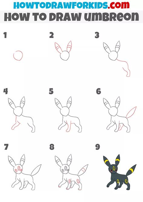 How to Draw Umbreon - Easy Drawing Tutorial For Kids Umbreon Drawing Easy, Pokemon Drawing Tutorial, How To Draw Eevee, Umbreon Drawing, Pokémon Drawing Easy, Pokemon Easy Drawing, Pokemon How To Draw, How To Draw Pokémon, How To Draw Pokemon Step By Step