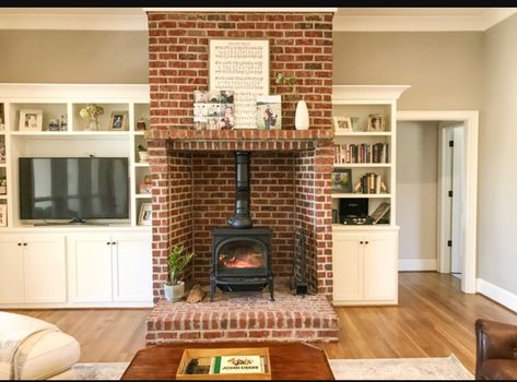 Brick Wood Stove Surround, Brick Wood Stove, Woodstove Surrounds, Woodstove Ideas, Farmhouse Hearth, Stove Surround, Corner Wood Stove, Wood Stove Surround, Surround Fireplace