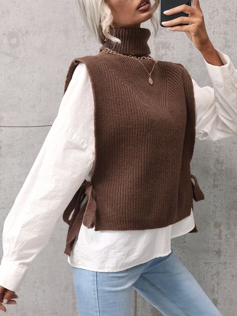 Chocolate Brown Casual   Viscose Plain   Medium Stretch Spring/Fall Women Knitwear Brown Pullover Outfit Winter, Brown Pullover Outfit, Sweater Vest Brown, Chocolate Brown Sweater, Uni Outfit, Brown Jumper, Brown Turtleneck, Pullovers Outfit, Sweater Vests