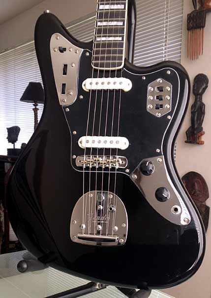 YorMajesty's Black 66 Reissued Fender Jaguar Guitar, Black Jaguar Neck, 1966 Ebony Fret board W/Block Inlay & Binding  (Black Matching HeadStock) Jaguar Guitar Aesthetic, Jaguar Fender, Jaguar Guitar, Jaguar Black, Fender Guitar Amps, Fender Jazzmaster, Guitar Illustration, Guitar Obsession, Black Jaguar