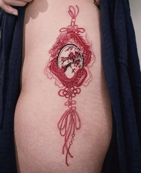 Porcelain Tattoo Red, Dragon Vase Tattoo, Asian Charm Tattoo Design, Chinese Ornament Tattoo, Chinese Mythology Tattoo, Chinese Charm Tattoo, Vietnamese Inspired Tattoo, Tattoo In Between Breast, Tattoo Shoulder Blade