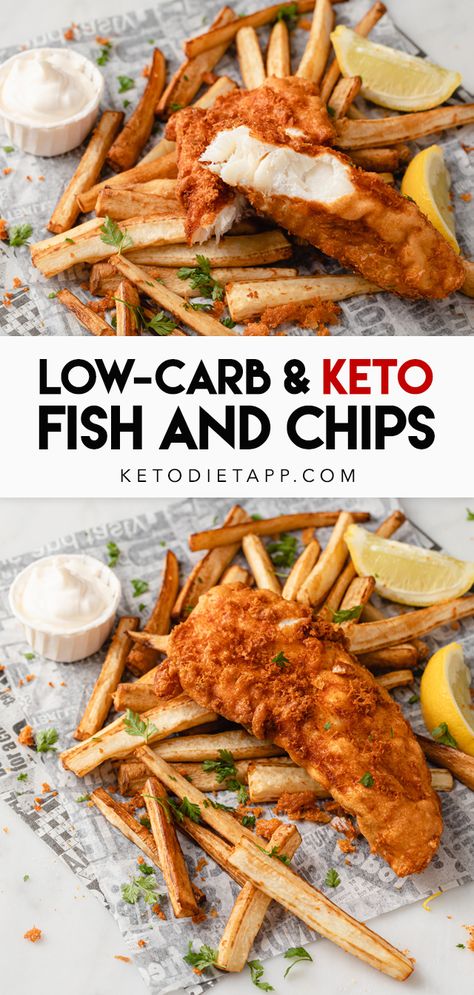 Do you miss proper fish and chips on a low-carb diet? Here's how to make a keto approved version of this traditional British recipe. All of the flavor and crunch with none of the carbs and gluten! #keto #lowcarb #dinner #paleo #pescatarian Keto Fish And Chips, Wednesday Meals, Chips Air Fryer, Low Carb Beer, British Fish And Chips, Dairy Free Keto Recipes, Keto Fish, Carb Dinner, Primal Recipes