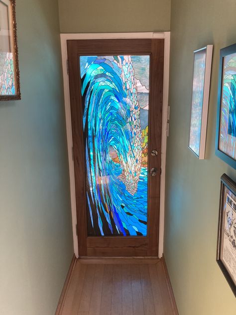 stained glass wave door Stained Glass Lake House Ideas, Ocean Stained Glass Window, Stain Glass Door, Stained Glass Wave, Florida Penthouse, Stained Glass Ocean, Resin Door, Glass Bathroom Door, Leadlight Windows