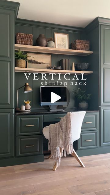 M A R L I E D E S I G N C O. on Instagram: "VERTICAL SHIPLAP HACK I realized after we hung the open shelving in my office that this wall needed vertical shiplap (or ✨vertical tongue and groove✨ if you are one of those people that thinks shiplap is on its way out). It was around that time that Lauren from @blesserhouse shared a post where she “shiplapped with sharpies”. I decided to give it a try. So I grabbed a level and got to work drawing lines on the wall. It’s been two years since then and it has held up great! SUPPLIES NEEDED: 1. Sharpie Oil Based Paint Pen (color: black/noir) 2. Tape Measure 3. Level #hack #shiplap #officedecor #greencabinets #homeoffice #diy #howyouhome #reelitfeelit #sharpie" Vertical Shiplap, Drawing Lines, Open Cabinets, Green Cabinets, Tongue And Groove, My Office, Paint Pens, Tape Measure, Open Shelving