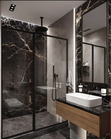 Fireplace In Bathroom Wall, Toilet One Piece, Ideas For Small Bathroom, Stylish Bathroom Design, Black Marble Bathroom, Bathroom Wall Tile Design, Luxury Bathroom Design, Modern Bathroom Ideas, Bathroom Interior Design Modern