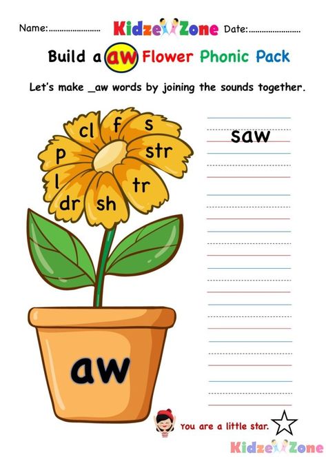 Expand a child's word recognition and learn new words from aw word family. AW Word family word writing worksheet. Fill the flower phonics by completing Aw Words Phonics, Aw Words Worksheet, Ap Word Family, Aw Words, Vowel Teams Worksheets, Letter Worksheets Kindergarten, Writing Vocabulary, Kindergarten Word Families, Family Worksheets