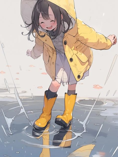 Rain Character Design, Raincoat Anime, Rain Boots Drawing, Raincoat Illustration, Raincoat Drawing, Cute Raincoat, Cute Raincoats, Female Character Inspiration, Figure Drawing Reference