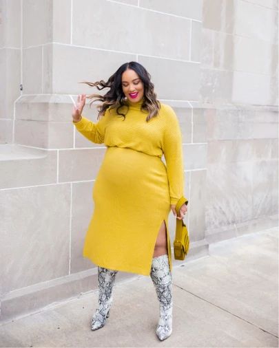 Plus Size Pregnancy Fashion, Fall And Winter Maternity Outfits, Sweater Dress Plus Size, Yellow Sweater Dress, Casual Maternity Outfits, City Girl Style, Winter Maternity Outfits, Spring Attire, Curvy Fashionista