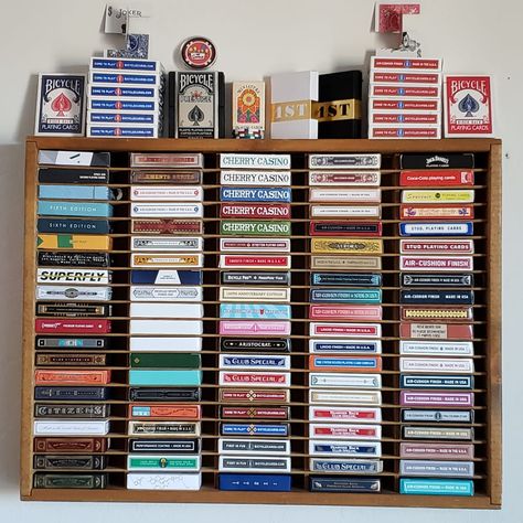 Playing Card Display Ideas, Playing Card Collection Display, Card Deck Display, Collections Of Objects Display, Card Collection Display, Playing Card Storage, Tarot Storage, Cool Playing Cards, Playing Card Case