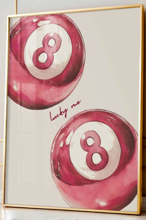 8 Pool Ball Print, Pink Lucky Me Poster, Apartment Wall Art, Retro Poster, Maximalist Wall Art, Preppy Posters, Aesthetic Poster, Trendy Art  Give your space a retro twist with our Lucky Me 8 pool ball print! Perfect for adding a splash of fun to your apartment wall, this poster brings together funky vibes, and that maximalist flair your dopamine decor has been craving. Lucky you, indeed! Lucky Me Poster, Pink Pictures For Wall, Pink 8 Ball, 8 Pool Ball, Lucky 8 Ball, Room Decor Funky, Preppy Posters, Poster Aesthetic Room, Funky Vibes