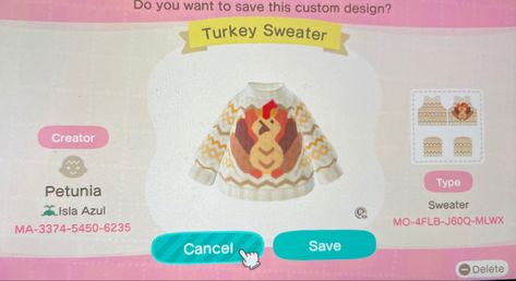 Animal crossing new horizons sweater with a turkey design for fall. Animal Crossing Thanksgiving Ideas, Animal Crossing Thanksgiving, Acnh Turkey Day, Acnh Thanksgiving, Acnh Minimalist, Acnh Outfits, Acnh Clothes, Acnh Codes, Thanksgiving Design