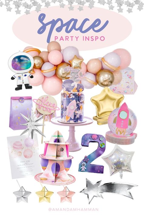 Sharing some space birthday party inspiration today! #space #birthdayparty #reachfourthestars #twothemoon #firsttriparoundthesun Unicorn Space Birthday Party, Girly Space Party, Reach 4 The Stars Birthday Girl, Girl Space Themed Birthday Party, Reach Four The Star Birthday Girl, Space Girl Birthday Party, Girly Space Birthday Party, Space Themed Birthday Party Girl, Girl Space Birthday Party