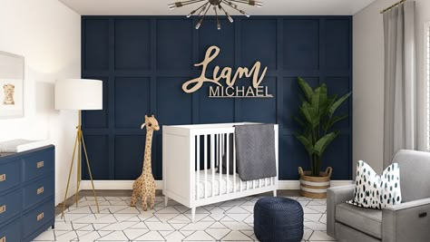 The accent navy blue wall attracts the most attention along with the navy dresser. A white crib and carpet with geometric design slightly soften this bold color. A touch of elegance is added with the gold chandelier and lamp. Minimal Room Design, Bohemian Nursery Decor, Bohemian Nursery, Baby Nursery Inspiration, Baby Boy Room Decor, Nursery Room Boy, Nursery Room Design, Baby Room Inspiration, Baby Boy Room Nursery