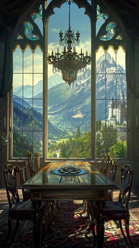 Fantasy Dining Room, Fantasy Castle Interior, Castle Dining Room, Castle Aesthetic Interior, Mountain Kingdom, Ballroom Aesthetic, Mountain Castle, Room With View, Kingdom Design