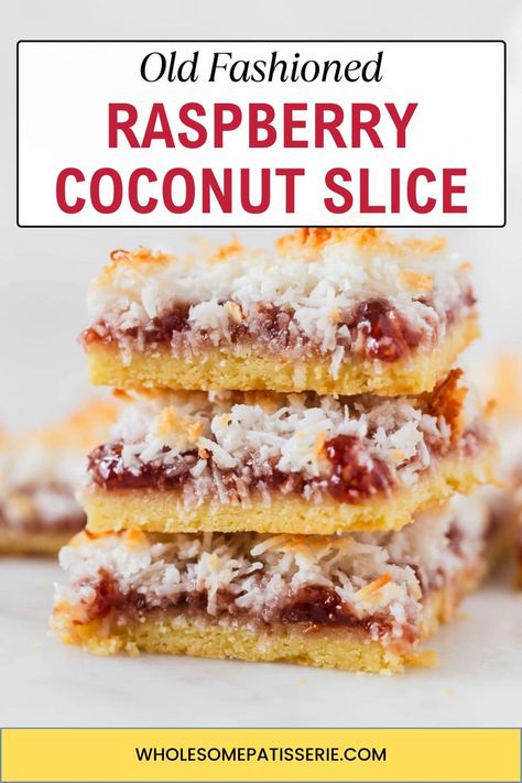 Raspberry Coconut Slice - Wholesome Patisserie Coconut Jam Drops, Easy Slice, Coconut Jam, Jam Thumbprint Cookies, One Layer Cakes, Coconut Tart, Crispy Egg, Coconut Slice, Slice Recipe