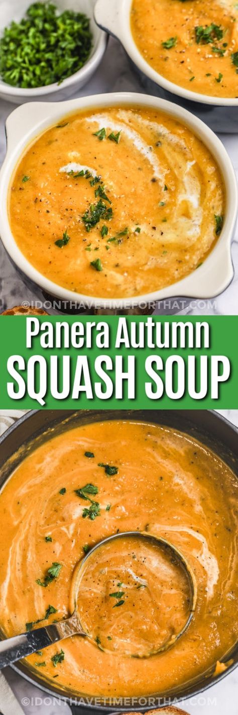 Make this tasty and creamy Panera autumn squash soup and enjoy all the flavor of homestyle cooking. Fall is the best time for a delicious copycat soup like this one. Loaded with healthy ingredients, it makes a great lunch or a light supper especially served with some croutons or bread and a light and crispy salad! #paneraautumnsquashsoup #recipecopycat #idonthavetimeforthat #pumpkinbutternutsquashsouprecipe Squash Soup Panera Copycat Recipes, Panera Autumn Soup Recipe, Panera Squash Soup Recipe, Copycat Soup, Autumn Squash Soup, Crispy Salad, Panera Autumn Squash Soup, Homestyle Cooking, Autumn Squash