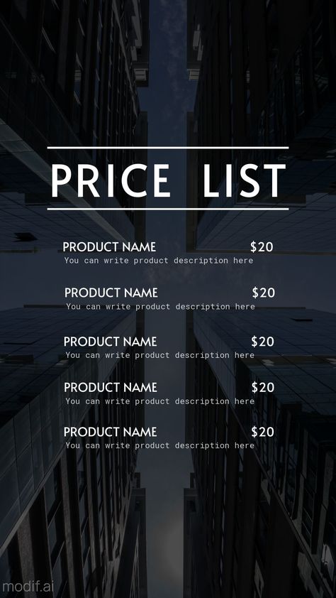 Use this dark-themed price list template to advertise your services on Instagram story. Price List Template Design, How Does Pinterest Work, Price List Design, Instagram Tools, Instagram Promotion, Price List Template, Instagram Marketing Tips, Visual Marketing, Story Templates