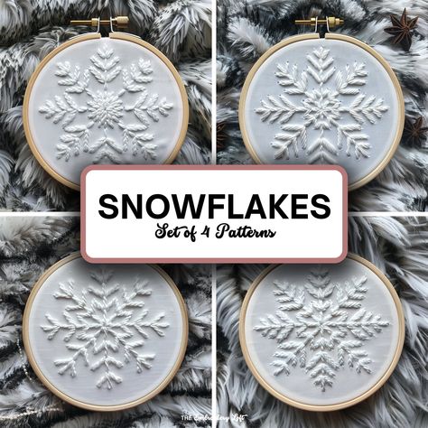 DESCRIPTION Ring in the new winter season with this Set of 4 White Snowflake hand embroidery patterns! Get your hoop ready and let's stitch up some holiday magic with this delightful embroidery project! Happy stitching! This listing is for a digital PDF pattern, which includes: ~ Printable patterns scaled to fit 3" to 8" hoops ~ DMC color and stitch suggestions ~ Beginner's Guide to Hand Embroidery with a FREE sample pattern ~ Beginner's Guide available in English, Español, Français and Deutsch Embroidery Snowflake Patterns Simple, Winter Hand Embroidery, Embroidery Patterns Christmas, Holiday Embroidery Patterns, Snowflakes Embroidery Pattern, Modern Hand Embroidery Patterns, Snowflake Embroidery, Holiday Embroidery, Christmas Embroidery Patterns