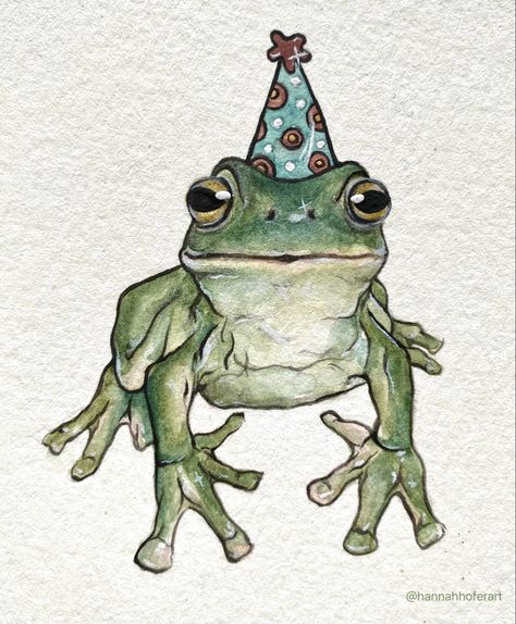 Frogs With Hats Drawing, Frog With Party Hat, Frogs With Hats, Frog With Hat, Frog With Glasses, Frog Artwork, Tree Frog Art, Watercolour Animals, Ornament Painting