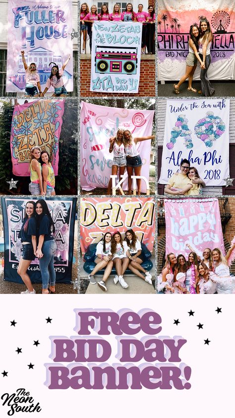 Get a FREE Bid Day banner! Seriously. Click to get things started. Your chapter will thank you. | Neon South | bid day banner | bid day banners | sorority banners | sorority shirts | bid day themes | bid day themes sorority | bid day themes unique | bid day shirts | bid day outfit | sorority life | sorority shirts | sorority recruitment | sorority shirt designs | sorority shirt ideas | sorority shirt outfit | sorority shirt design ideas | bid day banner ideas | sorority banner ideas | Sorority Bid Day Banner, Banners Sorority, Bid Day Themes Unique, Sorority Recruitment Ideas, Sorority Branding, Sorority Banner Ideas, Bid Day Themes Sorority, Unique Bid Day Themes, Bid Day Banner