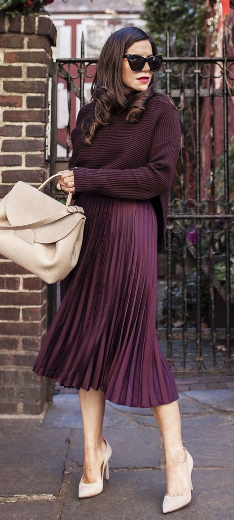 Outerwear Over Formal Dress, Classy Sweater Outfits, Classy Holiday Outfits, Fall Outfits With Skirts, Shabbos Outfit, Burgundy Skirt Outfit, Plum Outfit, Western Closet, Olivia Jeanette