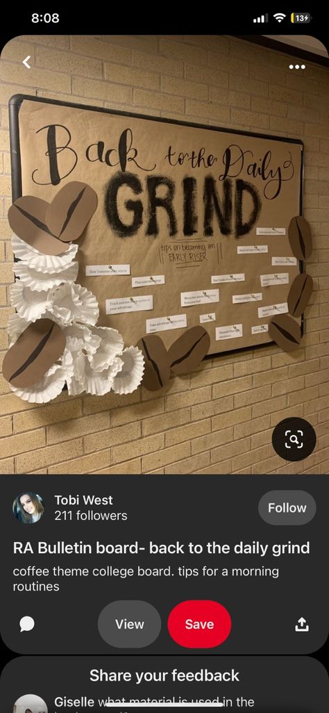 Back To The Daily Grind Bulletin Board, Key Club Bulletin Board, Sorority Bulletin Board Ideas, College Dorm Hall Themes, Big Bulletin Board Ideas, Dorm Bulletin Board Ideas, Dorm Hall Decorations, Ra Boards College, Door Decs College Ra Ideas