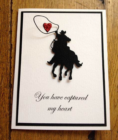 By Marie. She cut the cowboy with her Cameo. The SVG can be purchased from the Silhouette Design Store. Birthday Decoration Diy, Cowboy Valentines, Cowboy Silhouette, Diy Silhouette, Wild West Party, Die Cut Card, Boy Birthday Decorations, Horse Cards, Silhouette Cards