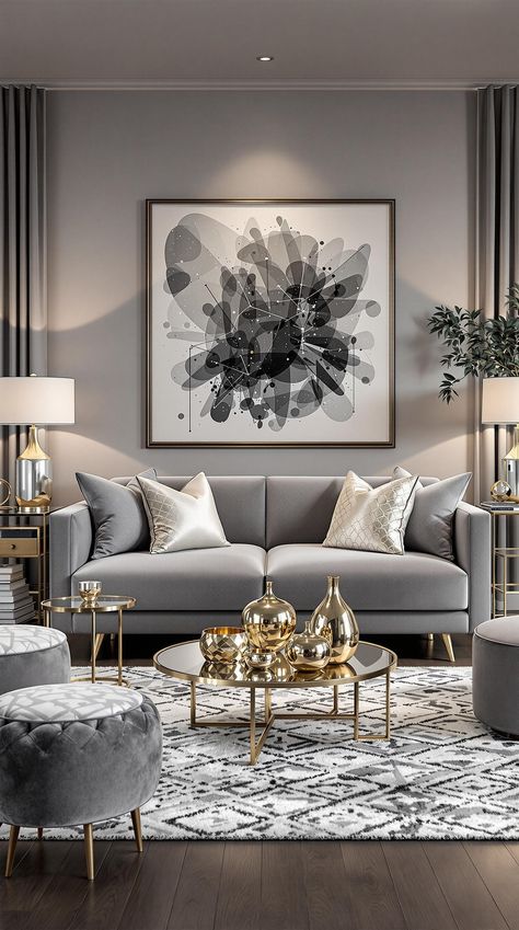 Grey Couch Living Room Silver Couch Living Room Ideas, Silver Couch Living Room, Grey And Gold Living Room Ideas, Gray Couch Pillow Ideas, Grey Couch Ideas, Bright Airy Living Room, Grey Couch Living Room Ideas, Silver Lamps, Neutral Couch