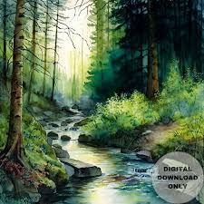 painting river in woods - Google Search Forest Cabin Painting, Art Ethereal, Painted Landscapes, Forest Stream, Hidden Forest, Travel Art Journal, Breathtaking Beauty, Forest River, Digital Watercolor