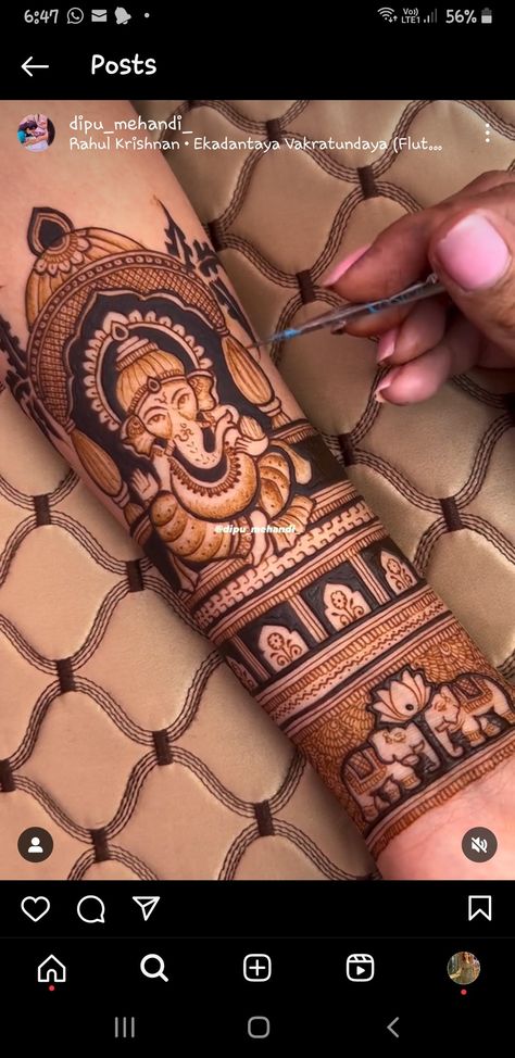 Temple Mehendi Designs, Ganpati Mehendi Designs, Figer Mehandi Design, Mehandi Portraits, Portrait Mehndi, Mehndi Book, Mehandhi Designs, Temple Drawing, Mahendi Designs