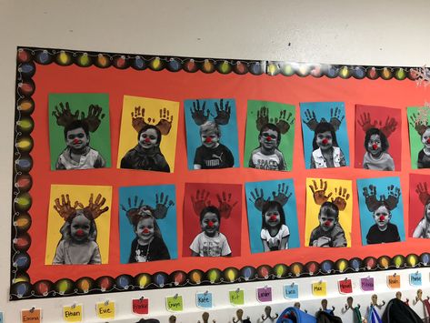 Rudolph Art Preschool, Christmas Artwork For Preschool, Rudolph The Red Nosed Reindeer Bulletin Board Ideas, Preschool Rudolph Crafts, Reindeer Craft With Picture, Rudolph Craft Preschool, Rudolph The Red Nosed Reindeer Activities, Christmas Board Preschool, Reindeer Classroom Decorations