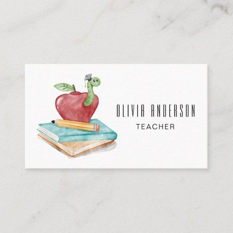 Watercolor Apple And Caterpillar Modern Teacher Business Card Watercolor Teacher Card, Teacher Watercolor, Back To School Watercolor, Modern Teacher, Teacher Business Cards, Teacher Business, Paintings Tutorials, Teacher Appreciation Cards, Back To School Art