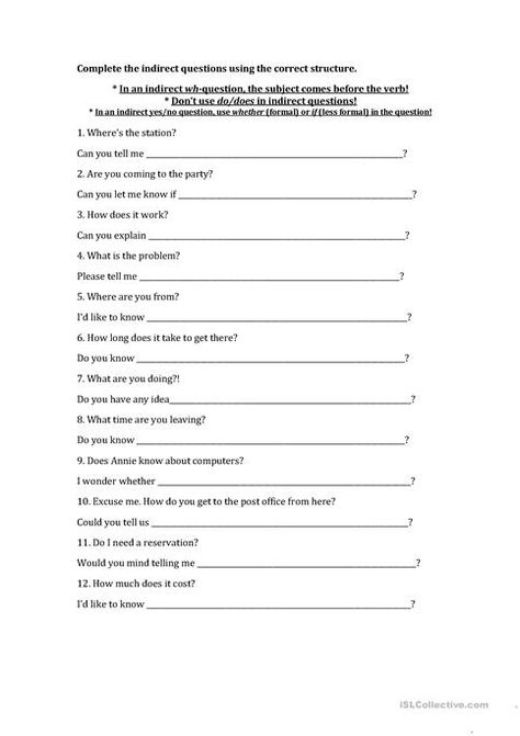 Indirect Questions Practice - English ESL Worksheets for distance learning and physical classrooms 12 Questions, Yes Or No Questions, Wh Questions, Esl Worksheets, School Subjects, Google Classroom, English Lessons, Helpful Tips, Distance Learning