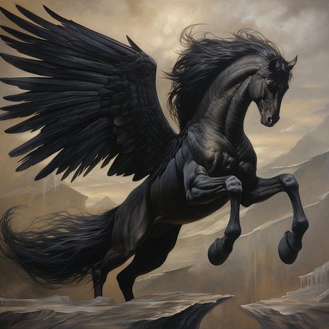 Flying Mount, Pegasus Statue, Small Horse Tattoo, Black Pegasus, Pegasus Art, Knight On Horse, Unicorn Artwork, Unicorn Images, Fire Horse