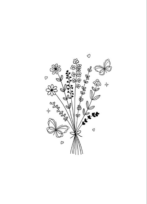 Cute Tree Tattoo, Fine Line Flower Drawings, Womens Tattoo Designs, Flower Tattoo Flash, Flower Butterfly Tattoo, Butterfly Line Art, Flower Bouquet Drawing, Bouquet Tattoo, Small Pretty Tattoos