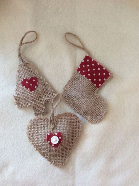 Set of 3 Handmade hessian burlap Christmas tree decorations Hessian Crafts, Burlap Christmas Decorations, Burlap Christmas Ornaments, Xmas Goodies, Burlap Christmas Tree, Felt Christmas Decorations, Burlap Crafts, Burlap Christmas, Handmade Christmas Decorations