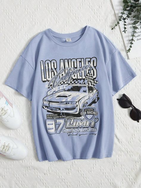 Dusty Blue Casual Collar Short Sleeve Knitted Fabric Car,Letter  Embellished Slight Stretch  Tween Girls Clothing Cute Shirts For Middle School, Cute Shirts From Shein, Baddie T Shirts, Cute T-shirts, Graphic T-shirts, Indie Shirts, Baggy Shirt Outfit, 90s Shirts Graphic Tees