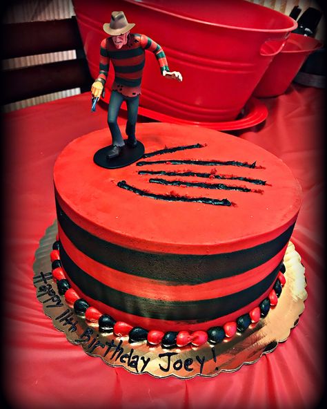 Freddy Krueger Birthday Party, Freddy Krueger Themed Party, Freddy Krueger Cake Ideas, Freddy Krueger Birthday Party Ideas, Freddy Krueger Cake, Fred Kruger, Horror Cakes, Horror Cake, Birthday Drip Cake