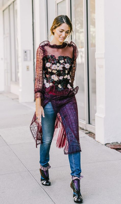 This is how you do a dress over jeans! (7 Standout Outfit Combinations Inspired by Street Style via @WhoWhatWear) Dress Over Jeans, Dress Over Pants, Street Style 2017, Nyfw Street Style, Pant Trends, Looks Street Style, Outfit Combinations, Street Style Looks, Girly Girl