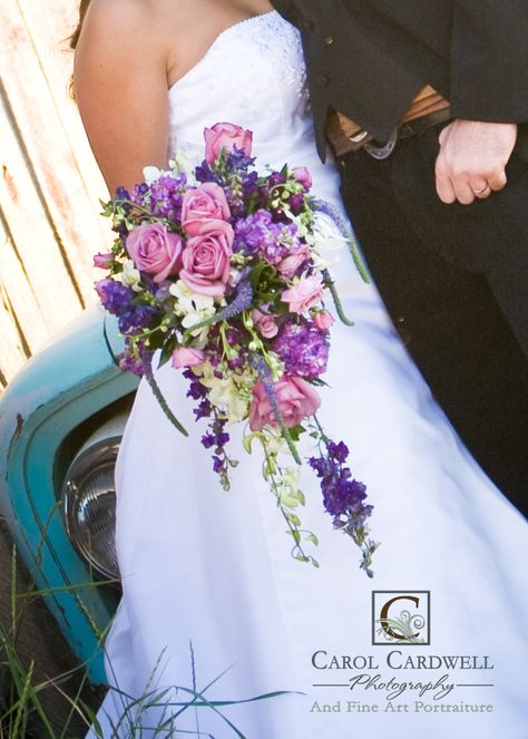 jaw dropping purple cascade bouquet April Wedding Flowers, Bouquet Greenery, Wild Flower Bouquet, Jordan Wedding, Floral Bouquets Wedding, Purple Bouquets, April Wedding, Cascade Bouquet, Wildflower Bouquet