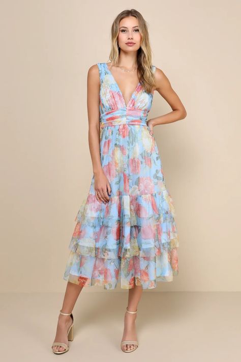 Blue Floral Tulle Dress - Tiered Ruffled Dress - Tulle Midi Dress - Lulus Graduation Guest Outfit, Kentucky Derby Outfit, Floral Dress Wedding Guest, Floral Tulle Dress, Ruffled Midi Dress, Tulle Midi Dress, Derby Dress, Birthday Fits, Guest Attire