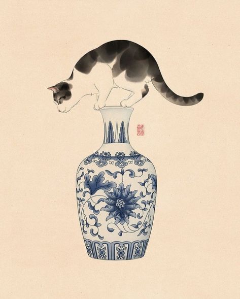 Broccoli Tattoo, Chinese Illustration, Chinese Landscape Painting, Japanese Cat, Cats Artists, Cat Art Print, Art Japonais, Japanese Painting, August 11