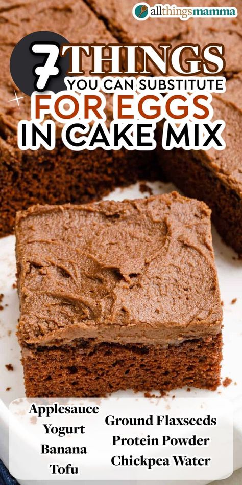 7 Things You Can Substitute for Eggs in Cake Mix social graphic with ingredients listed Substitute For Eggs, Egg Substitutes, Baked Cake, Substitute For Egg, Cake Mix Recipes, Baking Tips, Cooking Tips, Low Carb Recipes, Appetizer Recipes