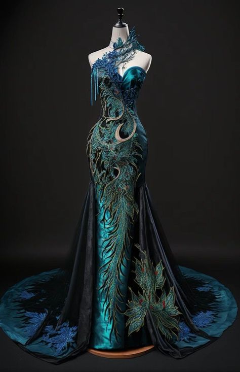 Peacock Dresses Formal, Dragon Themed Dress, Peacock Dress Design, Dragon Inspired Outfits, Dragon Dress Fantasy Gowns, Peacock Dresses, Peacock Gown, Villain Dresses, Dragon Dress