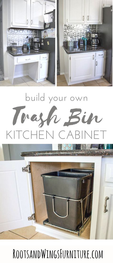 Take that un-used kitchen desk space and turn into something functional.  Add a custom base cabinet with a pull out trash/recycling bin to make the most of the space and hide away the trash can.   #rootsandwingsfurniture #basecabinet #kitchen #kitchenideas #pullouttrashcan #garbagecancabinet #kitchencabinets #customkitchen #whitecabinets #cabinetnow #diy Kitchen Desk Areas, Kitchen Renovation Diy Ideas, Best Kitchen Design, Kitchen Desks, Kitchen Desk, Diy Kitchen Renovation, Trash Bin, Base Cabinet, Custom Built Homes