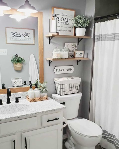 Farmhouse Guest Bathroom, Office Oasis, Ideas Baños, Toilet Room Decor, Guest Bathroom Decor, Bathroom Features, Gray Wall, Restroom Decor, Bathroom Decor Apartment